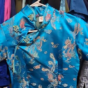 Blue Dragon Embroidered Satin Top